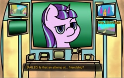 Size: 2480x1567 | Tagged: safe, artist:melodysketch, character:starlight glimmer, species:pony, species:unicorn, g4, computer, crossover, dirty, fallout, fallout: new vegas, ponyville, reference, smug, solo, text, twilight's castle, video game