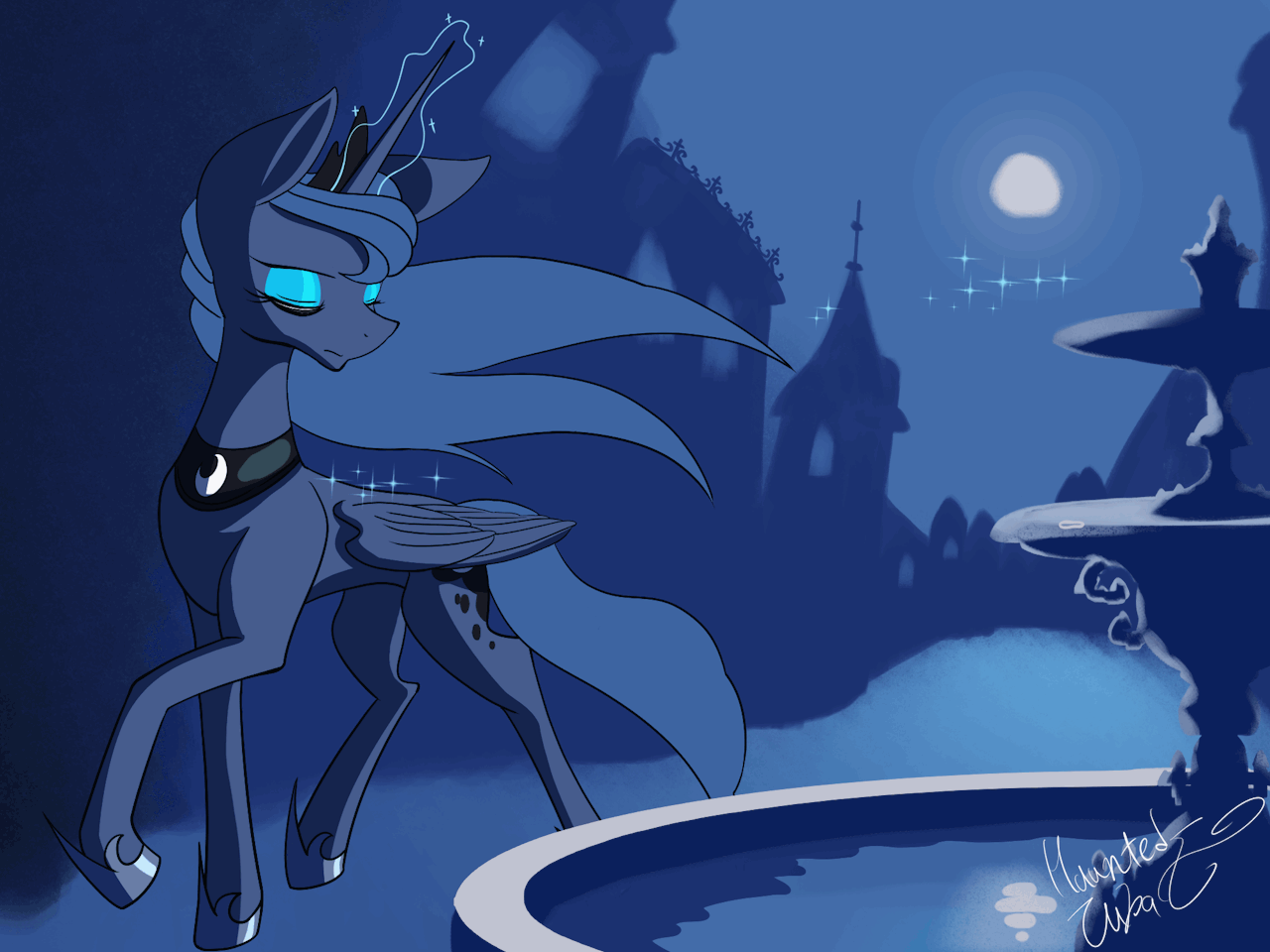 Size: 1280x960 | Tagged: safe, artist:hauntedtuba, manebooru spotlight, character:princess luna, species:alicorn, species:pony, g4, animated, clothing, crown, female, fountain, glowing horn, hoof shoes, horn, jewelry, limited palette, magic, mare, necklace, peytral, raised hoof, regalia, shoes, signature, solo, water, windswept mane, windswept tail