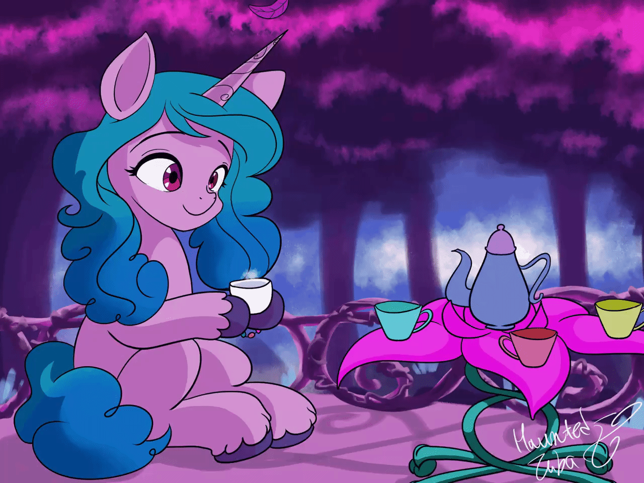 Size: 1280x960 | Tagged: safe, artist:hauntedtuba, character:izzy moonbow, species:pony, species:unicorn, g5, my little pony: a new generation, animated, bracelet, colored hooves, cup, cute, drink, eyebrows, female, food, gif, gradient mane, hoof hold, hooves, izzybetes, jewelry, leaves, mare, multicolored hair, signature, sitting, smiling, solo, tea, tea set, teacup, teapot, three quarter view, unshorn fetlocks