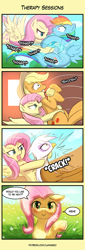Size: 500x1475 | Tagged: safe, artist:lumineko, character:applejack, character:fluttershy, character:gilda, character:rainbow dash, species:earth pony, species:griffon, species:pegasus, species:pony, g4, 4koma, atatatatata, badass, blushing, chiropractic, comic, dialogue, female, floppy ears, flutterbadass, full face view, looking at you, mare, massage, neck snap, oraoraoraoraoraoraoraoraora, profile, rough, speech bubble, suplex, text, three quarter view, underhoof, wide eyes, you're next