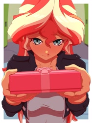 Size: 1200x1600 | Tagged: safe, artist:rockset, character:sunset shimmer, species:eqg human, g4, my little pony:equestria girls, blushing, clothing, explicit source, eyebrows, eyebrows visible through hair, eyelashes, female, gift box, holding, holiday, jacket, leather jacket, looking at you, shirt, solo, valentine's day