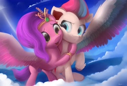 Size: 4096x2768 | Tagged: safe, artist:auroriia, character:pipp petals, character:zipp storm, species:pegasus, species:pony, g5, adorapipp, adorazipp, circlet, cloud, colored hooves, colored wings, cute, eyebrows, female, flying, hooves, hug, mare, multicolored wings, open mouth, pipp wings, signature, sky, spread wings, three quarter view, unshorn fetlocks, wings