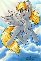 Size: 1374x2048 | Tagged: safe, artist:dandy, character:derpy hooves, species:pegasus, species:pony, g4, cloud, cute, cutie mark, derpabetes, ear fluff, eyebrows, eyebrows visible through hair, eyelashes, female, flying, gift art, mare, marker drawing, open mouth, sky, smiling, solo, spread wings, tail, traditional art, wings