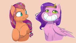 Size: 2154x1212 | Tagged: safe, artist:ponchik_art, character:pipp petals, character:sunny starscout, species:earth pony, species:pegasus, species:pony, g5, my little pony: a new generation, my little pony: tell your tale, bean mouth, braid, calarts, circlet, colored pupils, concerned, eyebrows, female, g5.5, grinning potato, mare, meme, multicolored hair, pipp wings, simple background, smiling, three quarter view
