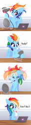 Size: 1243x4922 | Tagged: safe, artist:omi, character:rainbow dash, species:pegasus, species:pony, g4, alternate hairstyle, cheek fluff, chest fluff, comic, computer, cup, cute, dashabetes, dialogue, drink, drinking, drinking straw, ear fluff, female, hair dryer, high res, hoof hold, laptop computer, mare, mirror, mohawk, onomatopoeia, sipping, solo, table, text, three quarter view