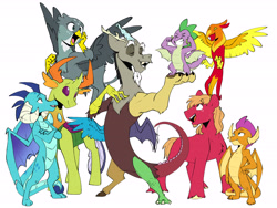 Size: 6000x4500 | Tagged: safe, artist:chub-wub, character:big mcintosh, character:discord, character:gabby, character:philomena, character:princess ember, character:smolder, character:spike, character:thorax, species:bird, species:changeling, species:draconequus, species:dragon, species:earth pony, species:griffon, species:phoenix, species:pony, species:reformed changeling, g4, apple family member, eyes closed, grin, group, male, open mouth, profile, simple background, smiling, spike day, stallion, three quarter view, unshorn fetlocks, white background, winged spike, wings