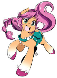 Size: 972x1328 | Tagged: safe, artist:nekoshiei, character:sunny starscout, species:earth pony, species:pony, g5, my little pony: a new generation, bag, braid, coat markings, colored eyebrows, colored hooves, cute, eyebrows, female, happy, hooves, looking at you, mare, open mouth, saddle bag, satchel, signature, simple background, smiling, socks (coat marking), solo, sunny's buttons, sunnybetes, unshorn fetlocks