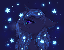 Size: 2000x1562 | Tagged: safe, artist:avrameow, character:princess luna, species:alicorn, species:pony, g4, bust, chest fluff, ear fluff, female, floppy ears, limited palette, mare, night, profile, smiley face, smiling, solo, stars