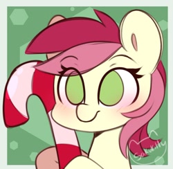Size: 740x723 | Tagged: safe, artist:sakukitty, character:roseluck, species:earth pony, species:pony, g4, abstract background, blushing, bust, candy, candy cane, christmas, eye clipping through hair, eyebrows, eyebrows visible through hair, female, food, holiday, mare, no pupils, signature, solo, three quarter view