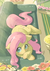 Size: 2894x4093 | Tagged: safe, artist:yanamosuda, character:fluttershy, species:pegasus, species:pony, g4, aside glance, blushing, couch, crepuscular rays, cute, female, floppy ears, flower, folded wings, high res, indoors, looking at you, looking up, looking up at you, lying down, mare, on side, plant, potted plant, shyabetes, smiling, solo, wings