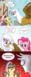 Size: 2480x6084 | Tagged: safe, artist:doublewbrothers, character:fluttershy, character:gilda, character:pinkie pie, species:earth pony, species:griffon, species:pegasus, species:pony, g4, abuse, badass, balisong, butterfly knife, comic, dialogue, female, floppy ears, flutterbadass, flutterrage, gildabuse, mare, out of character, prey hunting predator, profile, speech bubble, text, three quarter view