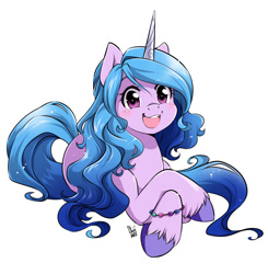 Size: 909x927 | Tagged: safe, artist:nekoshiei, manebooru spotlight, character:izzy moonbow, species:pony, species:unicorn, g5, bracelet, colored hooves, cute, female, gradient hair, hooves, horn, izzybetes, jewelry, looking at you, lying down, mare, multicolored hair, open mouth, open smile, prone, signature, simple background, smiling, solo, unshorn fetlocks, white background