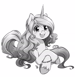 Size: 2100x2180 | Tagged: safe, alternate version, artist:nekoshiei, character:izzy moonbow, species:pony, species:unicorn, g5, bracelet, colored hooves, cute, female, gradient hair, grayscale, hooves, izzybetes, jewelry, looking at you, lying down, mare, monochrome, multicolored hair, open mouth, prone, signature, simple background, smiling, solo, unshorn fetlocks, white background