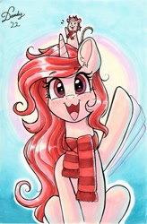 Size: 1768x2693 | Tagged: safe, artist:dandy, oc, oc only, species:pony, species:unicorn, clothing, eyebrows, eyebrows visible through hair, eyelashes, female, freckles, gift art, looking at you, mare, marker drawing, mouse, open mouth, scarf, smiling, solo, traditional art, waving, waving at you