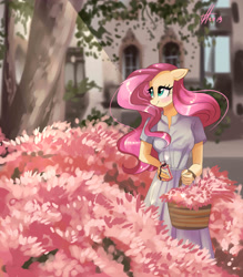 Size: 2700x3080 | Tagged: safe, artist:xjenn9, character:fluttershy, species:anthro, g4, basket, blushing, clothing, cute, dress, female, floppy ears, mare, shyabetes, signature, smiling, solo, three quarter view, tree