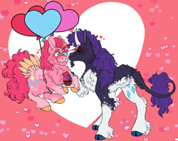 Size: 500x395 | Tagged: safe, character:pinkie pie, character:rarity, species:classical unicorn, species:earth pony, species:pony, species:unicorn, ship:raripie, g4, alternate design, balloon, blushing, cloven hooves, coat markings, cupcake, food, kissing, leonine tail