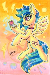 Size: 1791x2688 | Tagged: safe, artist:dandy, oc, oc only, species:pegasus, species:pony, abstract background, choker, cutie mark, ear fluff, eyebrows, eyebrows visible through hair, eyelashes, female, gift art, jewelry, mare, marker drawing, necklace, solo, spread wings, tail, tongue out, traditional art, wings