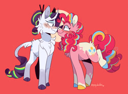 Size: 2048x1505 | Tagged: safe, artist:ponydoodles, character:pinkie pie, character:rarity, species:classical unicorn, species:earth pony, species:pony, species:unicorn, ship:raripie, g4, alternate hairstyle, boop, chin fluff, cloven hooves, coat markings, leonine tail, mane highlights, noseboop