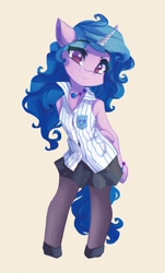 Size: 620x1024 | Tagged: safe, artist:saxopi, character:izzy moonbow, species:pony, species:unicorn, g5, beige background, bracelet, clothing, colored pupils, curly hair, curly mane, curly tail, cute, cutie mark, cutie mark on clothes, eyebrows, eyebrows visible through hair, eyelashes, female, gradient hair, hoof shoes, hooves behind back, horn, jewelry, looking at you, multicolored hair, necklace, pantyhose, pocket, semi-anthro, shirt, shoes, simple background, skirt, smiling, smiling at you, solo, tail, three quarter view