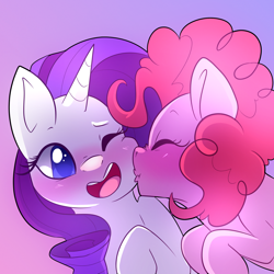 Size: 1280x1280 | Tagged: safe, artist:adgerellipone, character:pinkie pie, character:rarity, species:earth pony, species:pony, species:unicorn, ship:raripie, g4, blushing, kiss on the cheek, kissing