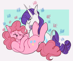Size: 1280x1061 | Tagged: safe, artist:wankadoodles, character:pinkie pie, character:rarity, species:classical unicorn, species:earth pony, species:pony, species:unicorn, ship:raripie, g4, cloven hooves, giggling, laughing, leonine tail