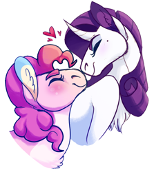 Size: 696x780 | Tagged: safe, artist:ponyposting, character:pinkie pie, character:rarity, species:earth pony, species:pony, species:unicorn, ship:raripie, g4, heart, kissing