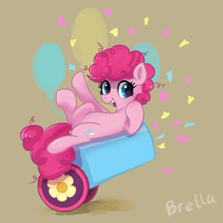 Size: 1280x1280 | Tagged: safe, artist:brella, character:pinkie pie, species:earth pony, species:pony, g4, cannon, cute, cutie mark, cutie mark background, diapinkes, female, filly, looking at you, open mouth, open smile, party cannon, signature, simple background, smiling, solo, weapon, young, younger