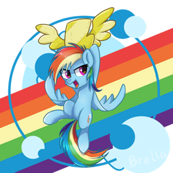 Size: 1280x1280 | Tagged: safe, artist:brella, character:rainbow dash, species:pegasus, species:pony, g4, abstract background, badge, female, flying, mare, open mouth, rainbow, signature, simple background, solo, three quarter view, transparent background, wings