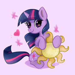 Size: 1280x1280 | Tagged: safe, artist:brella, character:twilight sparkle, character:twilight sparkle (unicorn), species:pony, species:unicorn, g4, female, horn, lavender background, looking at you, mare, multicolored hair, purple background, signature, simple background, sitting, smiling, solo, tail, three quarter view, watermark