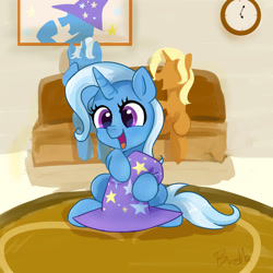 Size: 1280x1280 | Tagged: safe, artist:brella, idw, character:jack pot, character:sunflower spectacle, character:trixie, species:pony, species:unicorn, g4, clock, clothing, couch, cute, diatrixes, eyelashes, female, filly, filly trixie, foal, happy, hat, horn, male, mare, open mouth, open smile, signature, smiling, stallion, tail, three quarter view, trixie's hat, wizard hat, young, younger