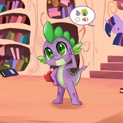 Size: 1280x1280 | Tagged: safe, artist:brella, character:spike, character:twilight sparkle, character:twilight sparkle (unicorn), species:dragon, species:pony, species:unicorn, g4, book, bookshelf, dialogue, fangs, female, fire ruby, gem, golden oaks library, male, mare, no eyes, peace sign, pictogram, ruby, sharp teeth, smiling, speech bubble, stairs, text