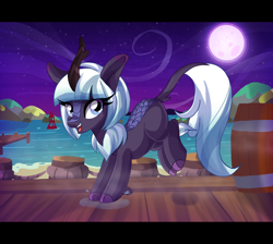 Size: 3572x3200 | Tagged: safe, artist:spookyle, oc, oc only, oc:moonlit breeze, species:kirin, g4, cloven hooves, colored hooves, cute, female, freckles, harbor, hooves, kirin oc, looking at you, mare, moon, night, non-pony oc, ocbetes, solo, three quarter view, vanhoover