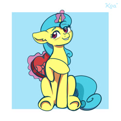 Size: 1500x1500 | Tagged: safe, artist:koapony, character:lemon hearts, species:pony, species:unicorn, februpony, g4, blue background, blushing, box of chocolates, colored eyebrows, colored pupils, cute, eye clipping through hair, eyebrows, eyebrows visible through hair, female, floppy ears, glowing horn, holiday, horn, magic, magic aura, mare, raised hoof, signature, simple background, sitting, smiling, solo, telekinesis, three quarter view, underhoof, valentine's day, white background