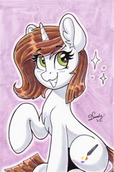 Size: 727x1102 | Tagged: safe, artist:dandy, oc, oc only, species:pony, species:unicorn, blushing, chest fluff, cutie mark, ear fluff, eyebrows, eyelashes, female, gift art, horn, looking sideways, mare, marker drawing, solo, traditional art