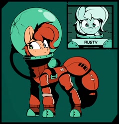 Size: 1186x1241 | Tagged: safe, artist:rexyseven, oc, oc only, oc:rusty gears, species:earth pony, species:pony, bubble helmet, cel shading, clothing, cracks, crossover, eyelashes, female, freckles, frown, green background, heterochromia, looking sideways, mare, simple background, solo, space suit, video game, video game crossover