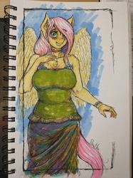 Size: 1280x1707 | Tagged: safe, artist:bantha, character:fluttershy, species:anthro, species:pegasus, species:pony, g4, blouse, chest fluff, choker, clothing, ear fluff, explicit source, eyebrows, eyebrows visible through hair, eyelashes, female, jewelry, looking at you, mare, marker drawing, necklace, shirt, skirt, smiling, solo, tail, traditional art, wings