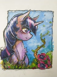 Size: 1280x1707 | Tagged: safe, artist:bantha, character:twilight sparkle, species:pony, g4, chest fluff, ear fluff, explicit source, eyelashes, female, flower, horn, mare, marker drawing, solo, traditional art