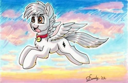 Size: 2048x1336 | Tagged: safe, artist:dandy, oc, oc only, species:pegasus, species:pony, behaving like a dog, cloud, collar, ear fluff, eyebrows, eyebrows visible through hair, flying, gift art, marker drawing, open mouth, sky, solo, tongue out, traditional art, wings