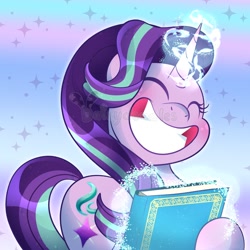 Size: 1200x1200 | Tagged: safe, artist:daisydewdles, character:starlight glimmer, species:pony, species:unicorn, episode:memnagerie, g4, ^^, big grin, book, cute, eyes closed, female, glimmerbetes, glowing, glowing horn, grin, happy, horn, magic, magic aura, mare, scene interpretation, smiling, solo, sparkles, telekinesis, watermark, wide smile