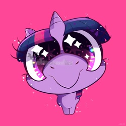 Size: 1500x1500 | Tagged: safe, alternate version, artist:daisydewdles, idw, character:twilight sparkle, character:twilight sparkle (unicorn), species:pony, species:unicorn, g4, spoiler:comic, c:, cute, faec, female, fisheye lens, looking at you, mare, obtrusive watermark, pink background, simple background, smiling, solo, sparkly eyes, the return of queen chrysalis, twiabetes, watermark, wingding eyes