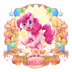 Size: 800x800 | Tagged: safe, artist:tatugon, character:pinkie pie, species:earth pony, species:pony, g4, balloon, cake, clothing, colored pupils, cupcake, cute, diapinkes, female, food, hat, heart eyes, mare, muffin, open mouth, party hat, solo, stars, streamers, wingding eyes