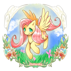 Size: 800x800 | Tagged: safe, artist:ocms, artist:tatugon, character:fluttershy, species:pegasus, species:pony, g4, butterfly, cloud, colored pupils, cute, female, flower, flying, grass, looking at you, mare, shyabetes, sky, solo, spread wings, three quarter view, wings