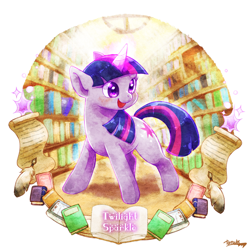 Size: 1000x1000 | Tagged: safe, artist:tatugon, character:twilight sparkle, species:pony, species:unicorn, g4, book, bookshelf, colored pupils, cute, feather, female, library, mare, open mouth, open smile, quill, scroll, signature, smiling, solo, three quarter view, twiabetes