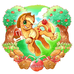Size: 800x800 | Tagged: safe, artist:tatugon, character:applejack, species:earth pony, species:pony, g4, apple, apple pie, apple tree, cart, colored pupils, eye clipping through hair, female, food, grin, looking at you, mare, muffin, one eye closed, pie, smiling, solo, tree