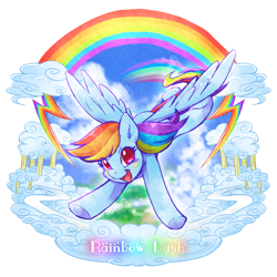 Size: 800x800 | Tagged: safe, artist:tatugon, character:rainbow dash, species:pegasus, species:pony, g4, action pose, cloud, cloudy, colored pupils, eyebrows, female, flying, looking at you, mare, open mouth, pose, rainbow, solo, spread wings, three quarter view, wings