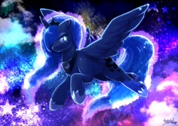 Size: 800x566 | Tagged: safe, artist:tatugon, character:princess luna, species:alicorn, species:pony, g4, abstract background, clothing, colored pupils, crown, female, flying, glowing mane, glowing tail, hoof shoes, jewelry, looking at you, mare, necklace, peytral, regalia, shoes, signature, solo, spread wings, stars, wings