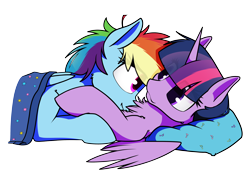 Size: 4100x2900 | Tagged: safe, artist:dacaoo, character:rainbow dash, character:twilight sparkle, character:twilight sparkle (alicorn), species:alicorn, species:pegasus, species:pony, ship:twidash, g4, blanket, chest fluff, eye clipping through hair, female, horn, lesbian, looking at each other, looking at someone, lying down, lying on top of someone, mare, nuzzling, on back, pillow, prone, shipping, simple background, transparent background, wings