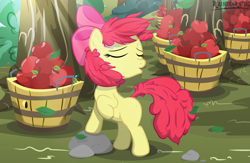 Size: 5715x3736 | Tagged: dead source, safe, artist:rainihorn, character:apple bloom, species:earth pony, species:pony, g4, apple, apple family member, apple tree, basket, eyes closed, female, filly, food, messy mane, raised hoof, show accurate, signature, solo, sweat, tree, windswept mane, young