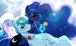 Size: 1920x1183 | Tagged: safe, artist:walliscolours, character:princess celestia, character:princess luna, species:alicorn, species:pony, g4, alcohol, alternate hairstyle, blushing, chest fluff, drink, drinking, eyes closed, female, flower, leg fluff, mare, profile, royal sisters, siblings, sisters, straw, sunglasses, sweat, sweatdrops, three quarter view, vacation