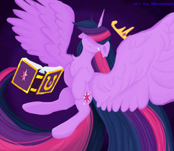 Size: 3296x2850 | Tagged: safe, artist:memengla, character:twilight sparkle, species:alicorn, species:pony, g4, book, chest fluff, crown, female, floppy ears, friendship journal, jewelry, lineless, mare, purple background, regalia, simple background, solo, spread wings, wings